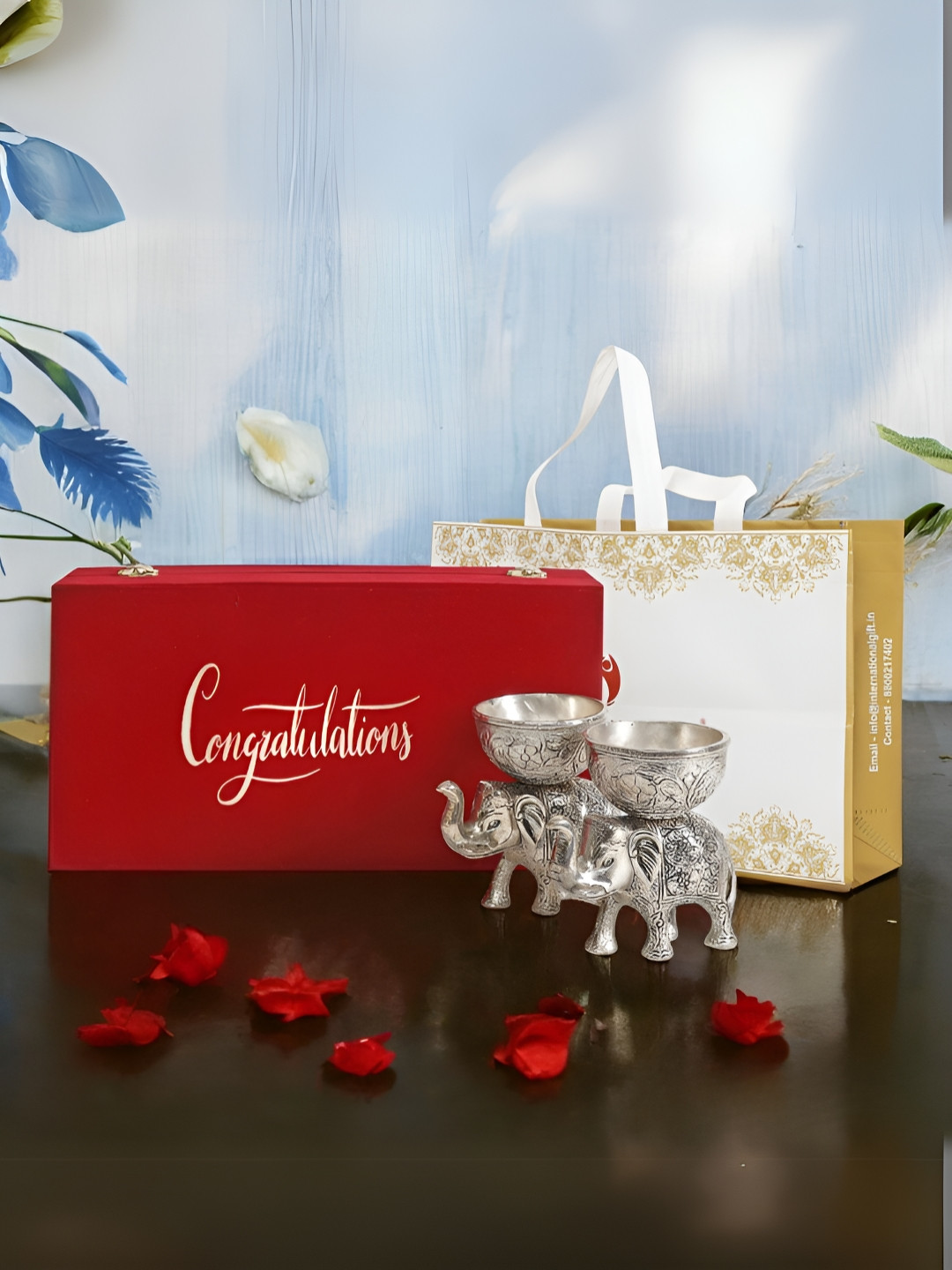 INTERNATIONAL GIFT Silver Plated 2 Piece Elephant Bowl With Velvet Box & Carry Bag