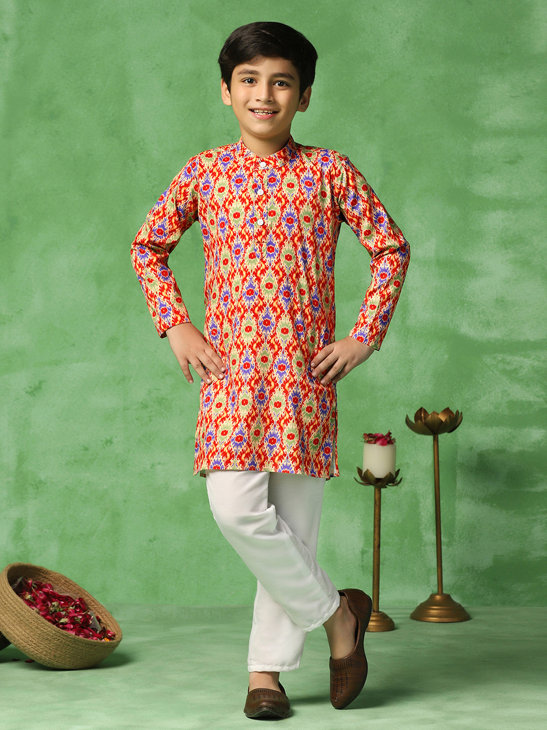 Sangria Boys Red Abstract Printed Band Collar Long Sleeves Straight Kurta With Trousers