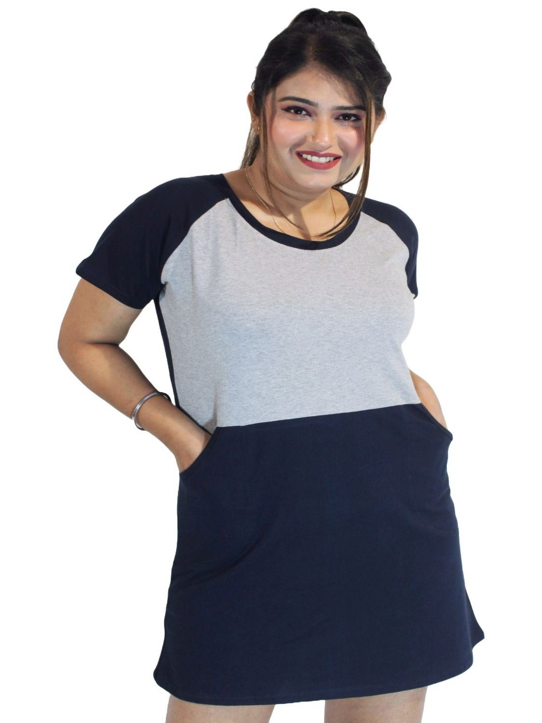 PINK SHELL Women Colourblocked T-shirt Nightdress