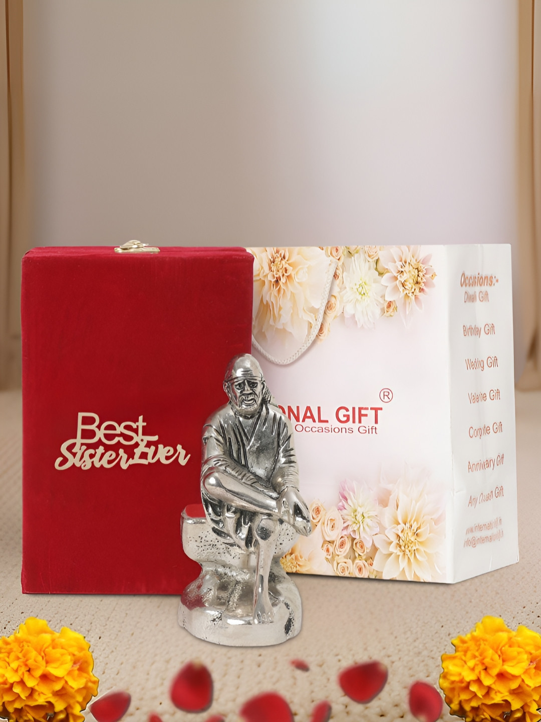 INTERNATIONAL GIFT Sai Baba with Box, Bag & 'Best Sister' Personalized Tag Silver Metal Metallic Prayer Room Medium Showpiece - 2.4 Inches