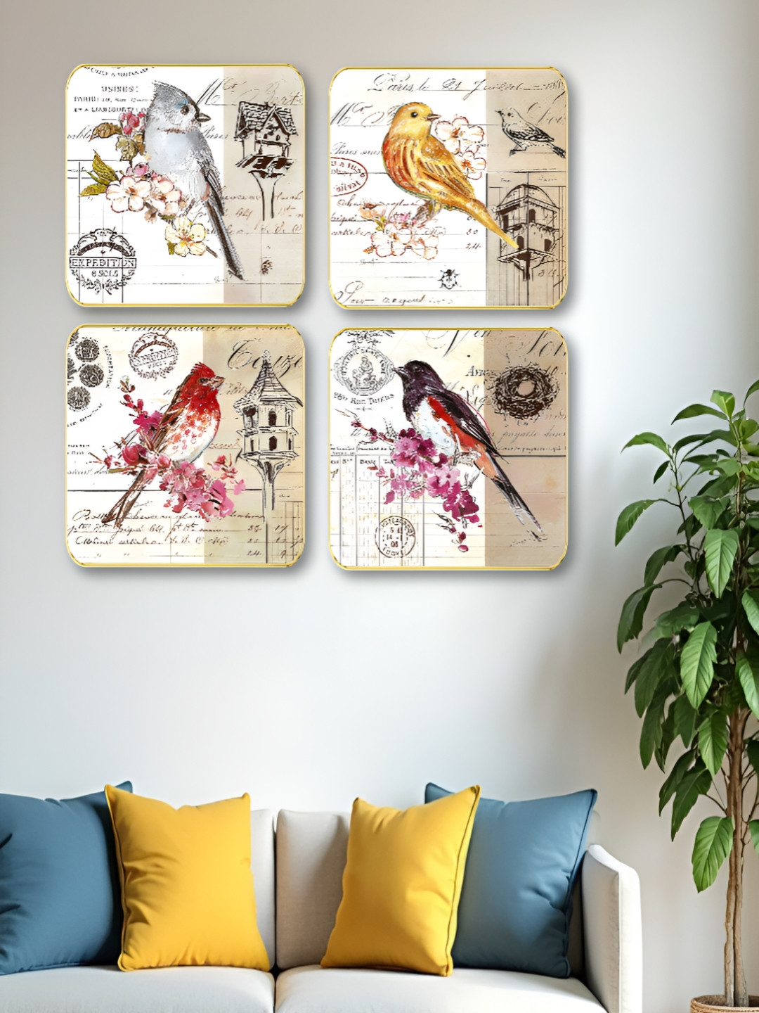Myntra Elegant Homes Birds Wood 4 Piece Wall Square Paintings Wall Art-10 x 10In