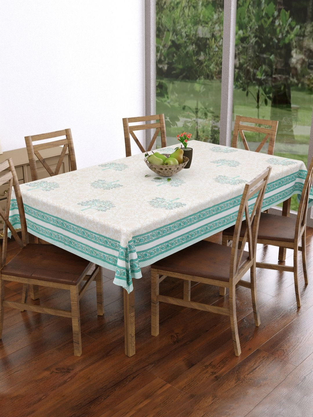 Myntra Elegant Homes White Printed Block Print Rectangular Cotton 6-Seater Table Cover