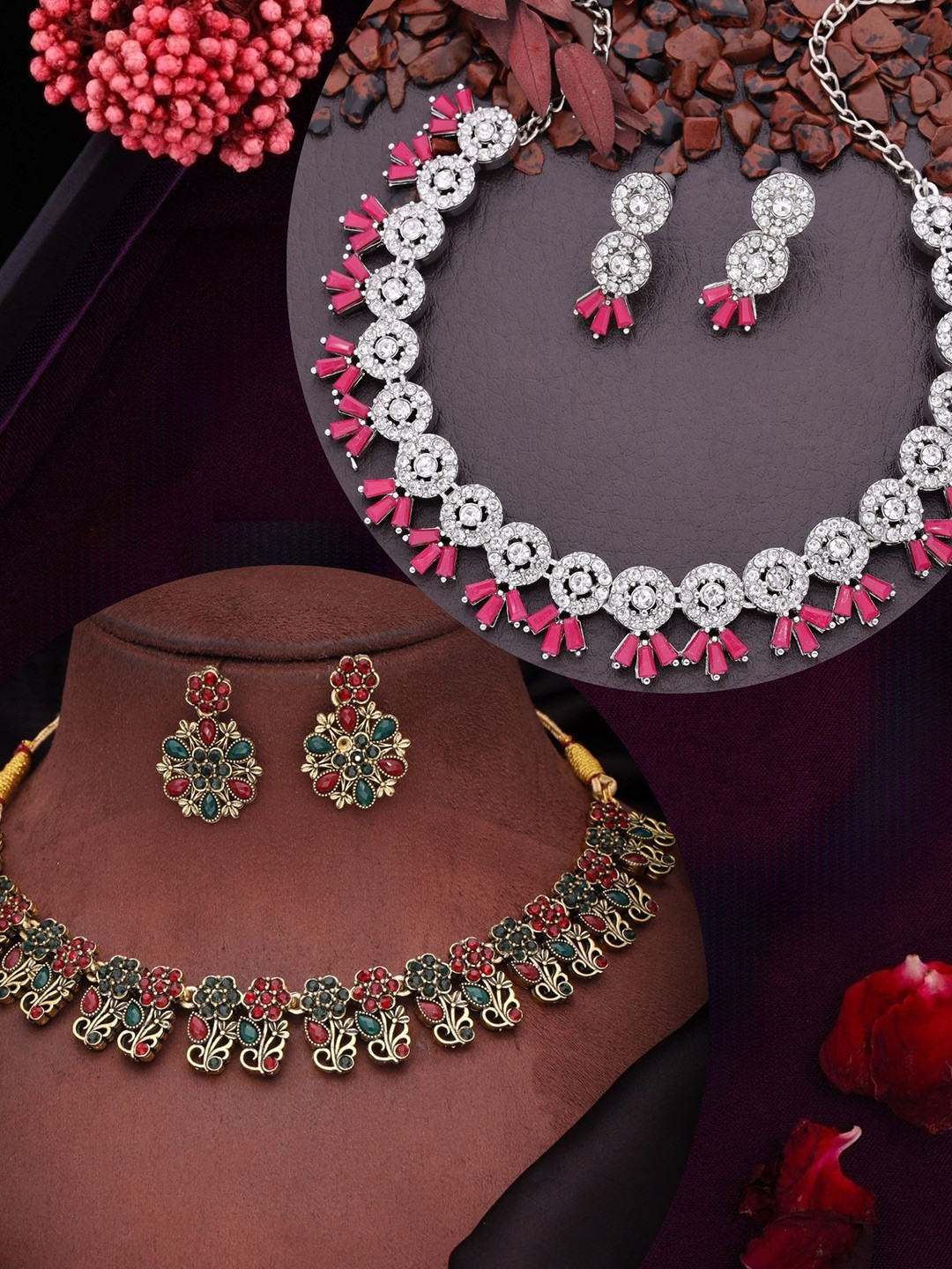 DIVASTRI Set Of 2 Gold & Silver American Diamond Studded Jewellary Set