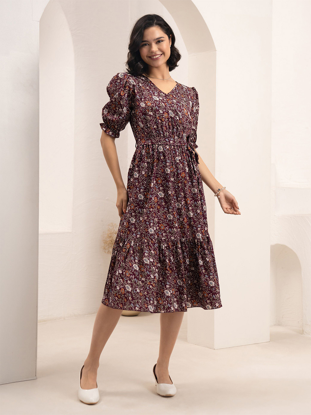 AASK Women's Wine Floral Crush Crepe Tiered Midi Length Dress