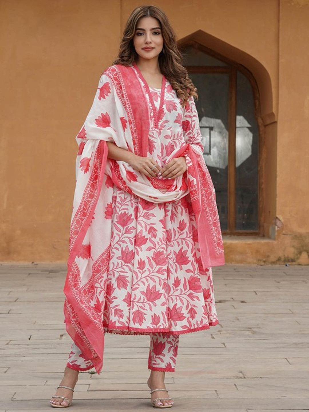 GEKHA Floral Printed V-Neck Pure Cotton Anarkali Kurta With Trousers And Dupatta
