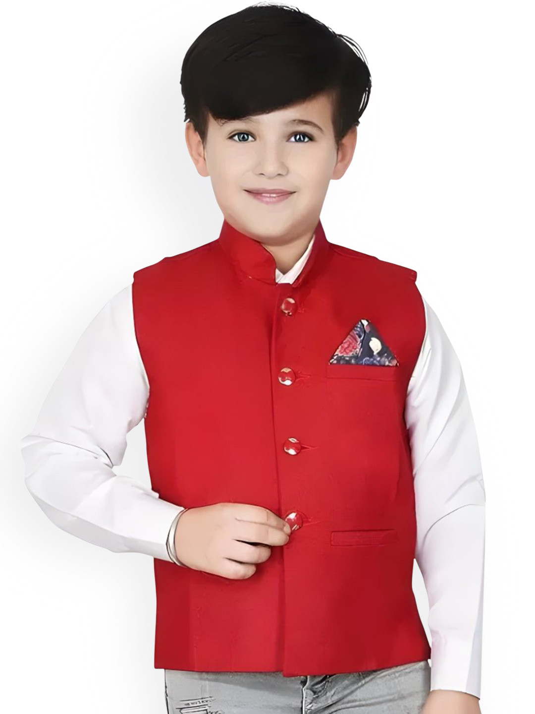 Qitty Boys Mandarin Collar Cotton Jute Nehru Jacket With Shirt & Pocket Square