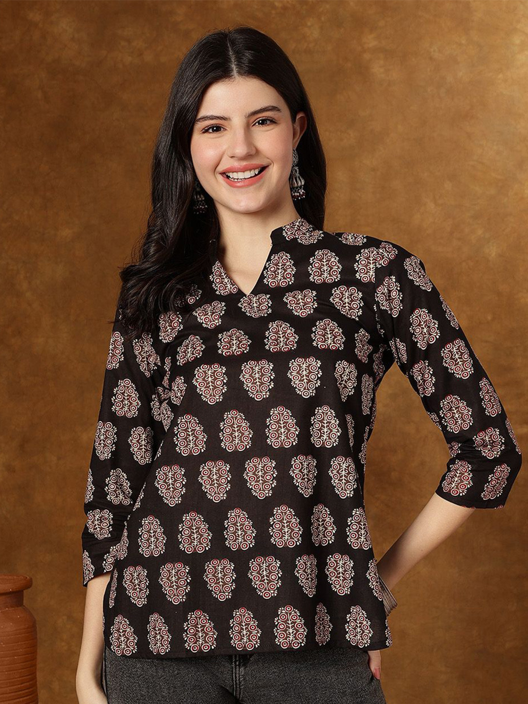 KALINI Women Floral Printed Mandarin Collar Cotton Top