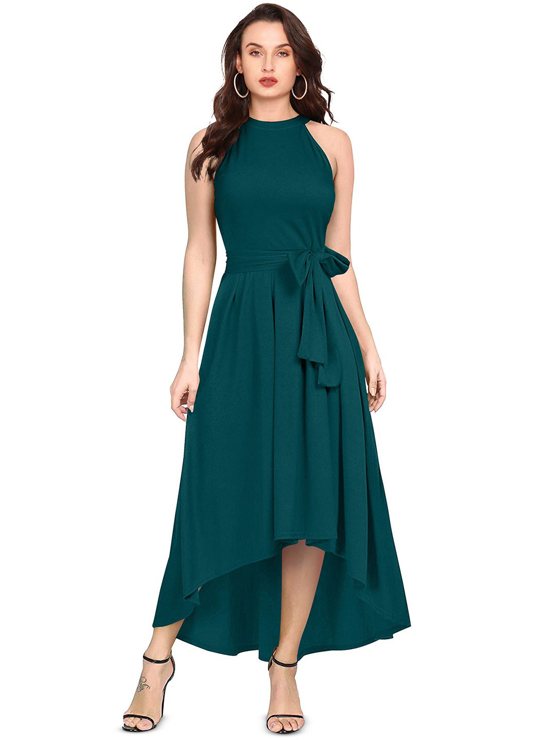 S.K.C Women's Solid Sleeveless  Round Neck Fit & Flare Midi Dress