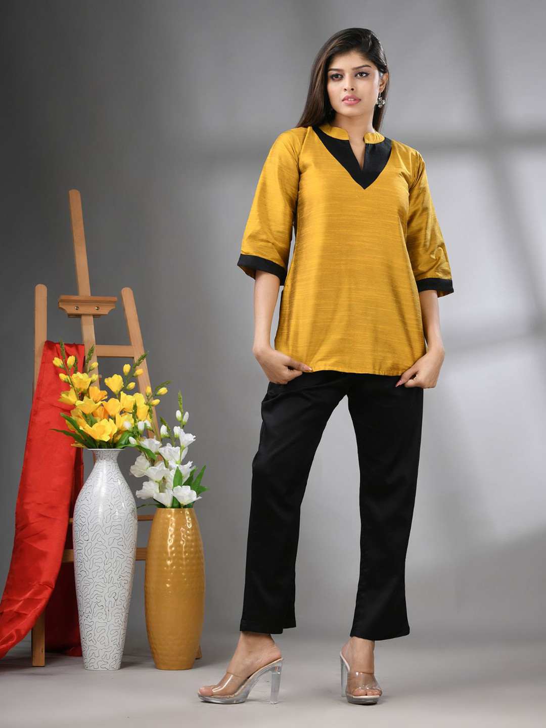 Charukriti Women Solid Bangalore Silk Longline Shirt Style Top