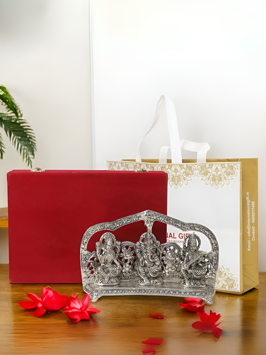 INTERNATIONAL GIFT Laxmi Ganesh Saraswati with Box and Bag Silver Metal Metallic Prayer Room Medium Showpiece - 2.4 Inches