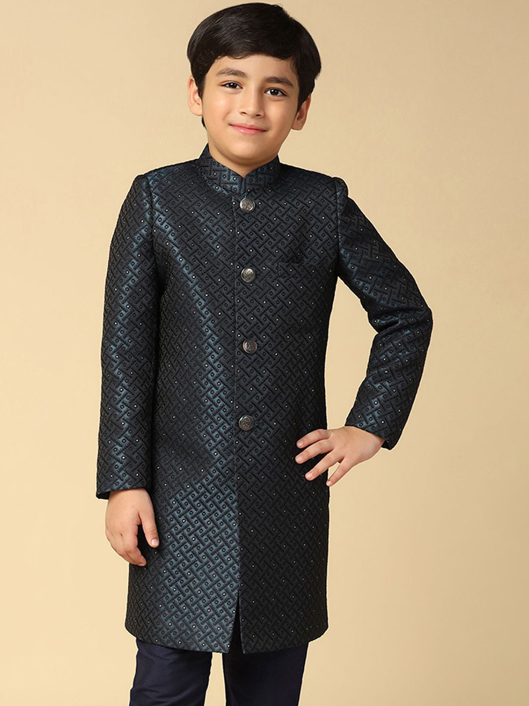 KISAH Boys Turquoise Blue Embellished Indowestern Sherwani