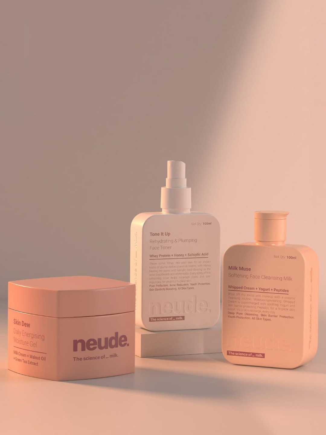 Neude Skin Peptide & Milk Face Cleanser & Face Toner & Moisturizer Combo