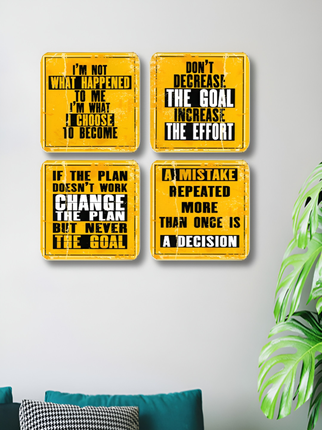 Myntra Elegant Homes Yellow & Black 4 Pieces Motivational Quotes Printed Wood Wall Art