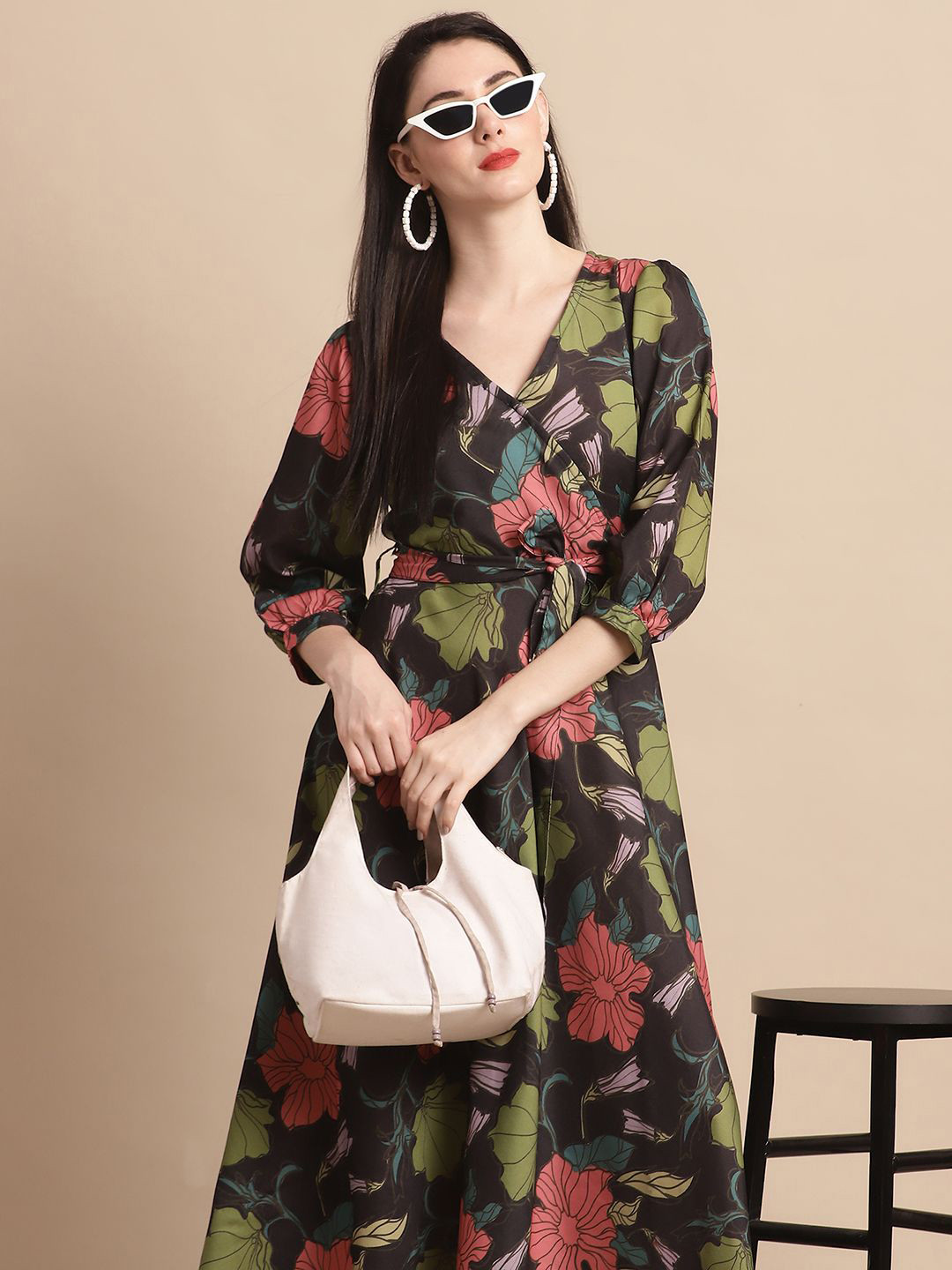 JAINISH Floral Printed Wrap Midi Dress With Belt