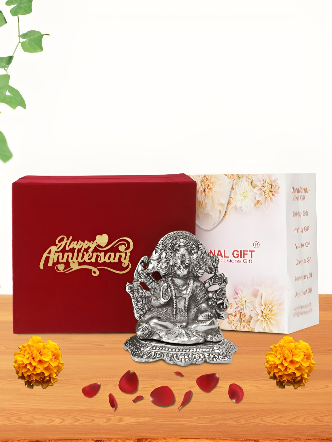 INTERNATIONAL GIFT Panchmukhi with Box, Bag & 'Happy Anniversary' Personalized Tag Silver Aluminium Metallic Prayer Room Medium Showpiece - 5.5 Inches