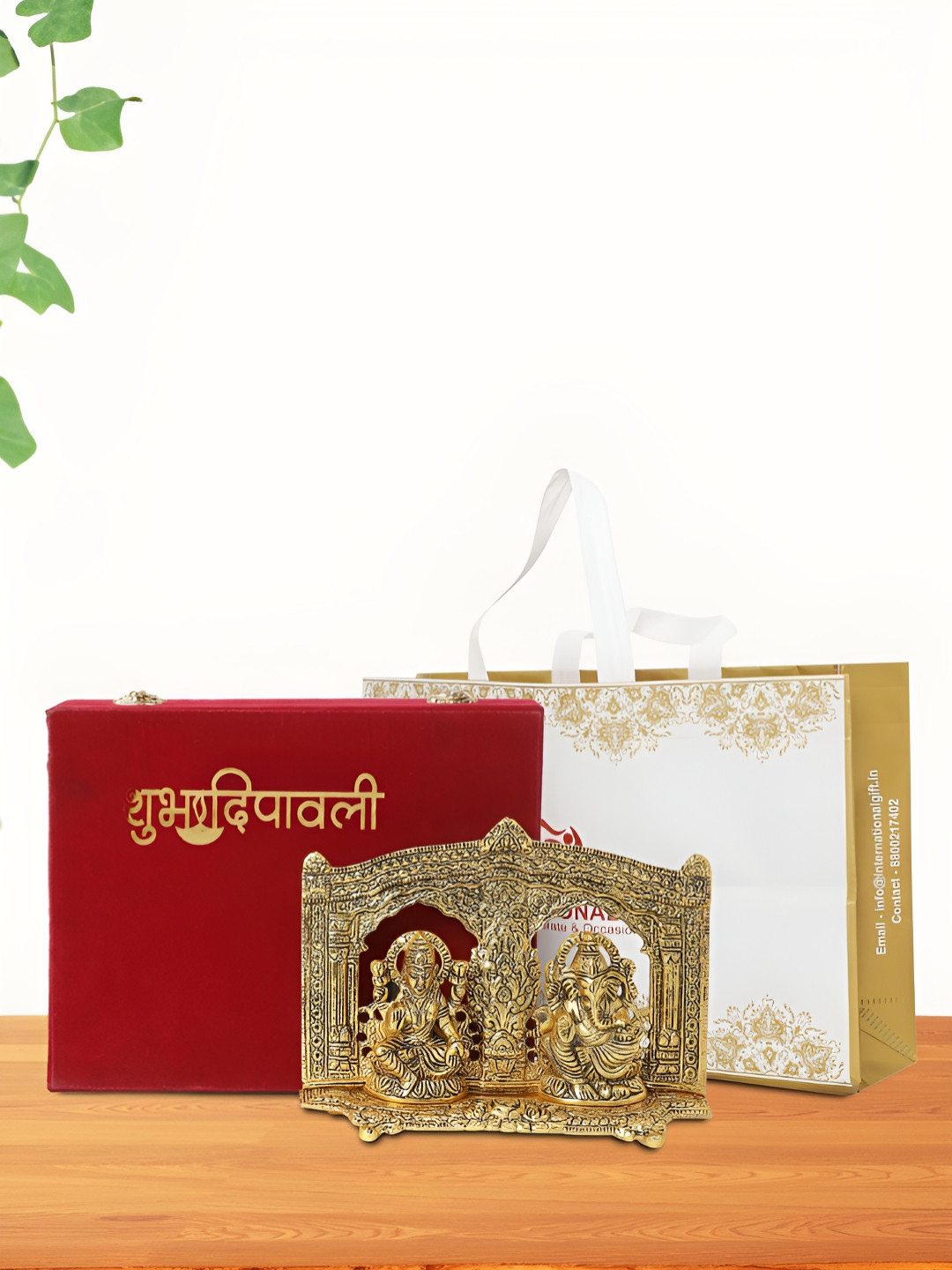 INTERNATIONAL GIFT Laxmi Ganesh with Box, Bag and 'Happy Diwali' Personalized Tag Gold Metal Metallic Prayer Room Medium Showpiece - 6 Inches