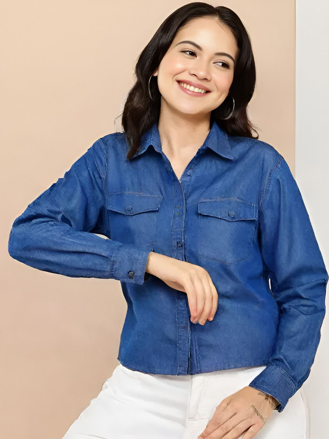 Shiv traders collection Women Comfort Fit Spread Collar Solid Denim Casual Shirt