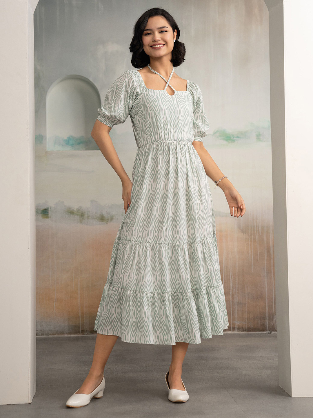 AASK Women Pista Printed Crush Crepe Tiered Midi Length Dress