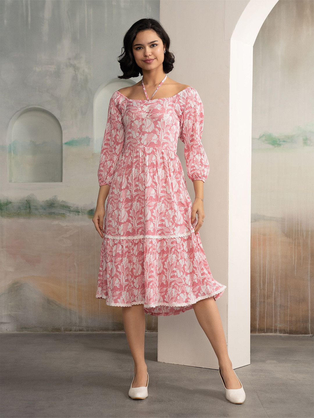 AASK Women's Baby Pink Printed Crush Crepe Tiered Midi Length Dress