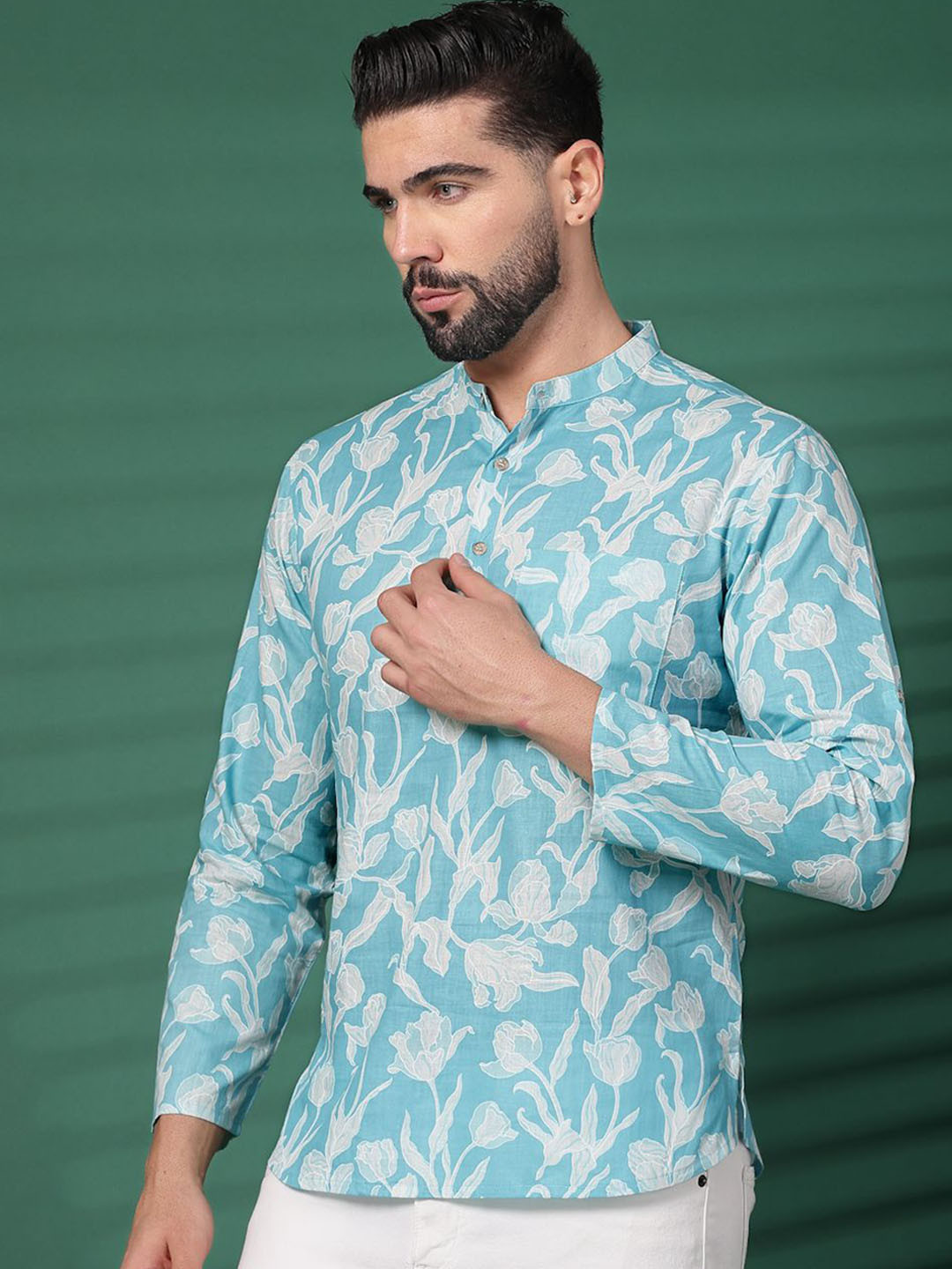 Sangria Turquoise Blue Floral Printed Mandarin Collar Cotton Short Kurta