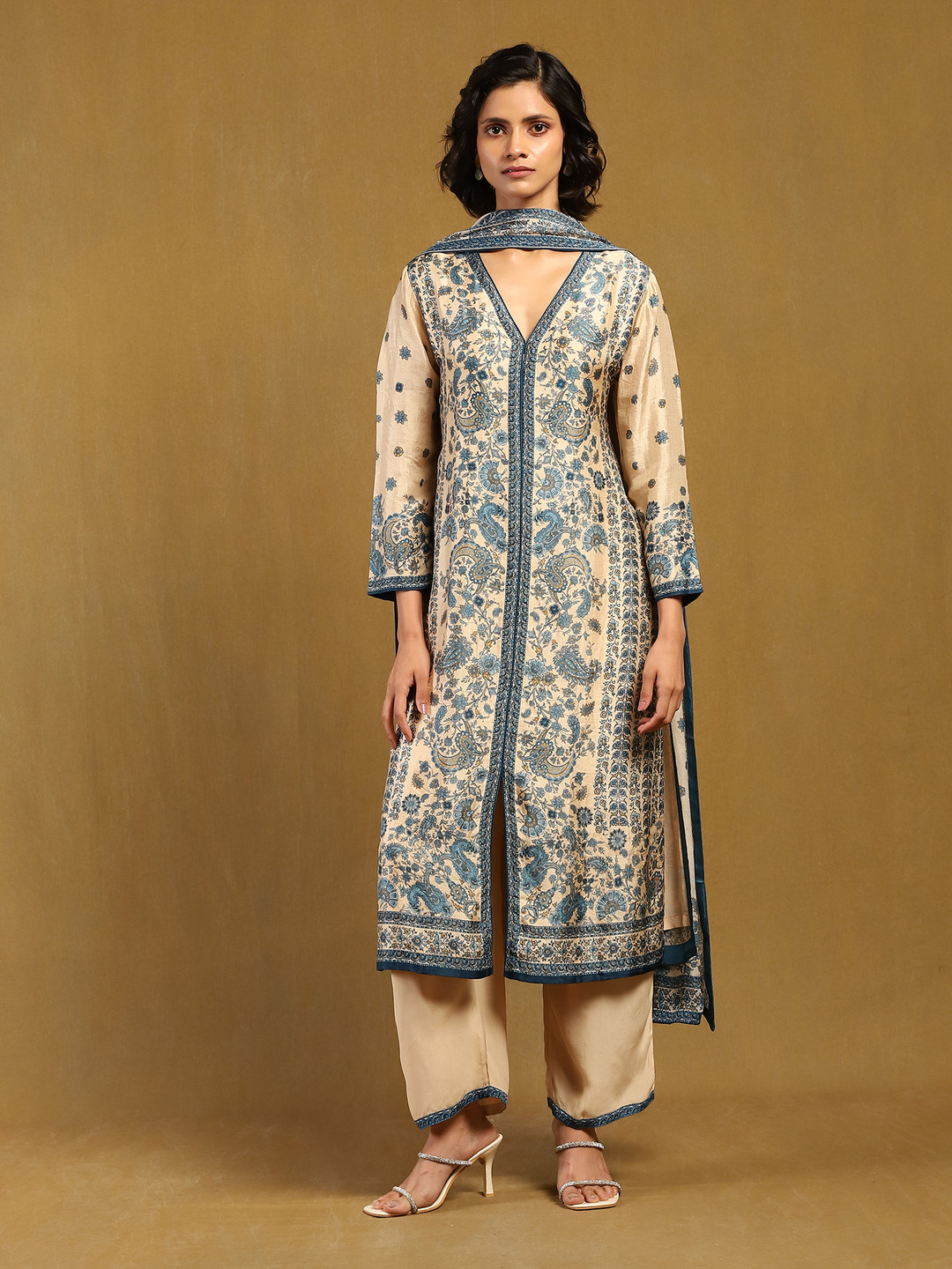 Ritu Kumar Ethnic Motifs Printed V-Neck Pure Silk Straight Fab Kurta With Pant And Dupatta