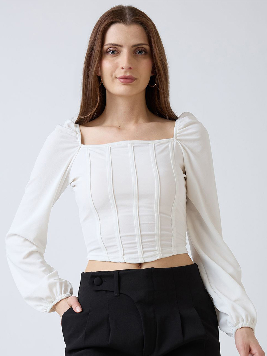 SZN Puff Sleeve Square Neck Crop Top