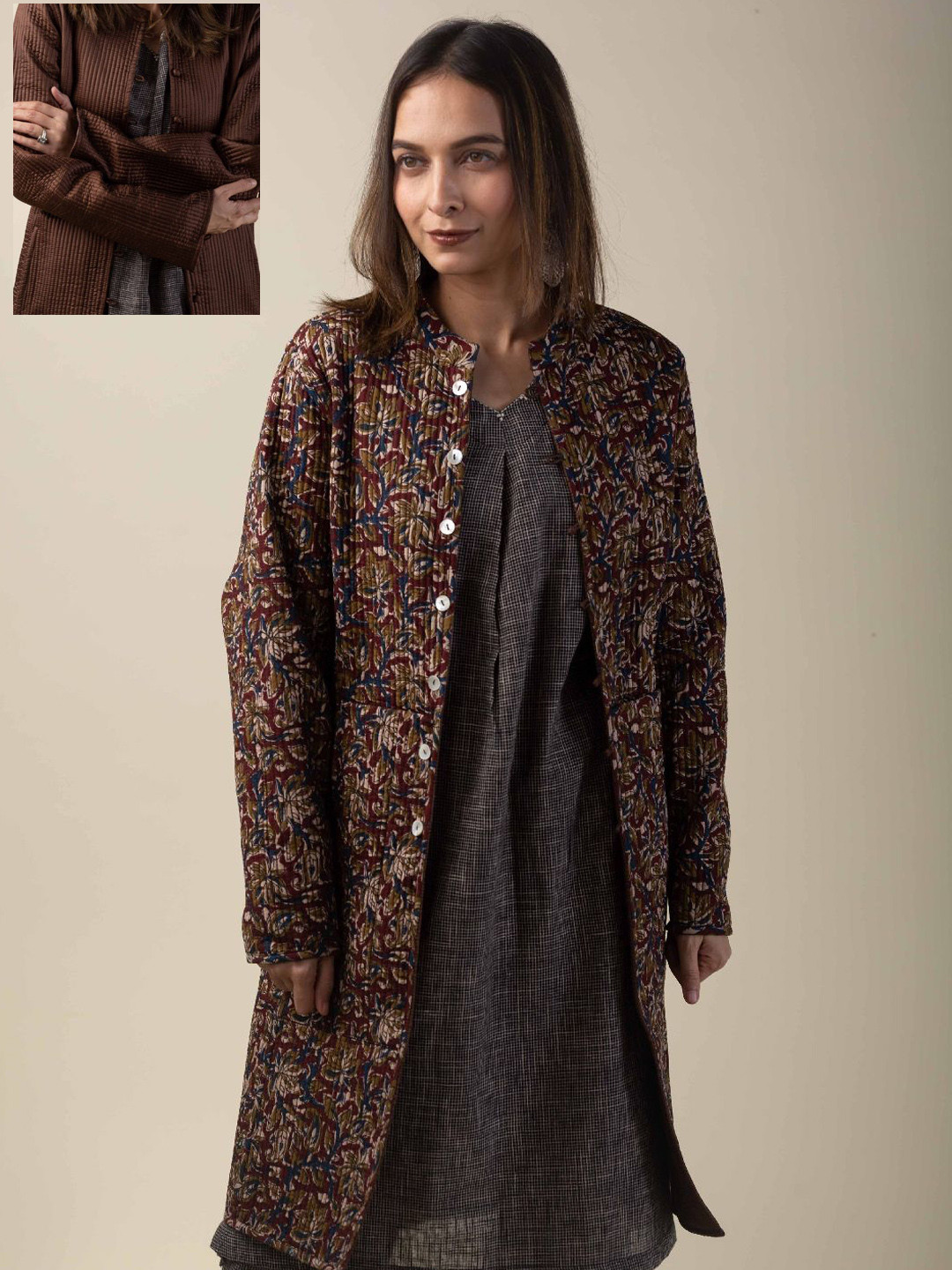 KUSVAA Women Mandarin Collar Floral Printed Silk Casual Reversible Tailored Jacket