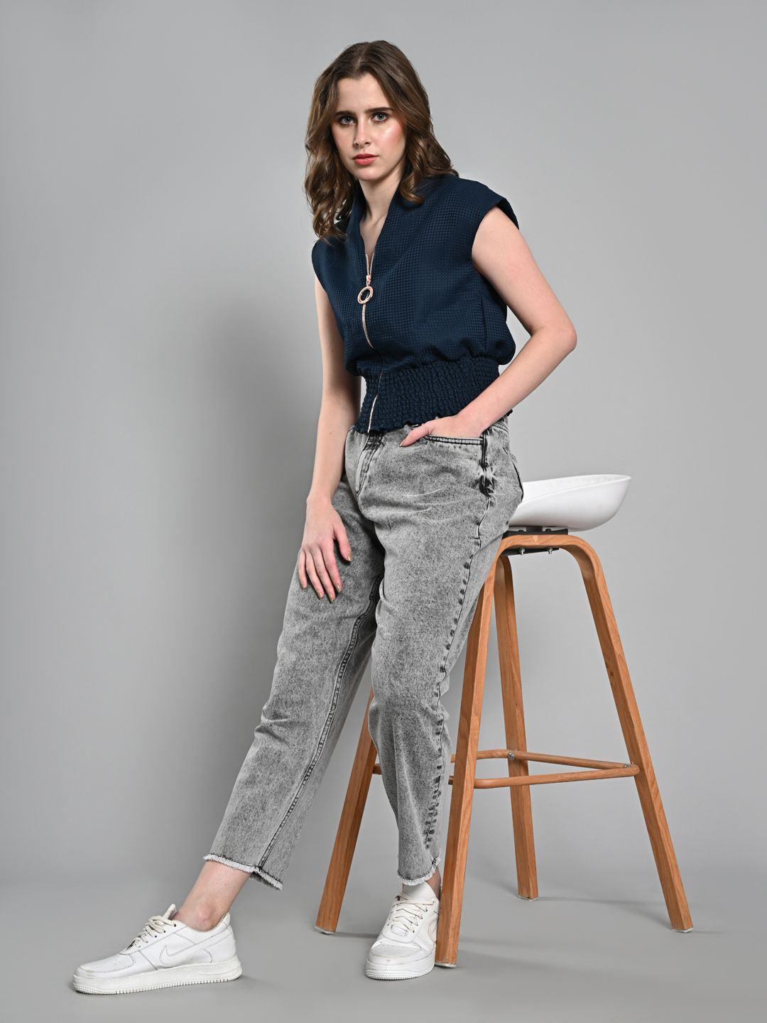 IZEL Solid  V Neck Cap Sleeves Cinched Waist  Top