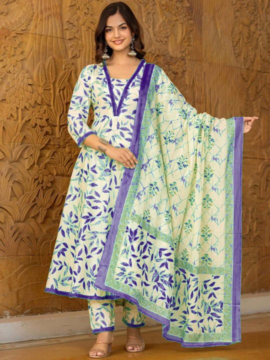 GEKHA Floral Printed V-Neck Pure Cotton Anarkali Kurta With Trousers And Dupatta