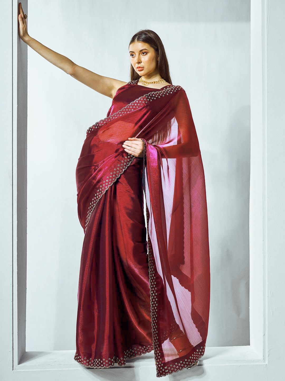 Shivadit Ethnic Beads and Stones Organza Banarasi Saree