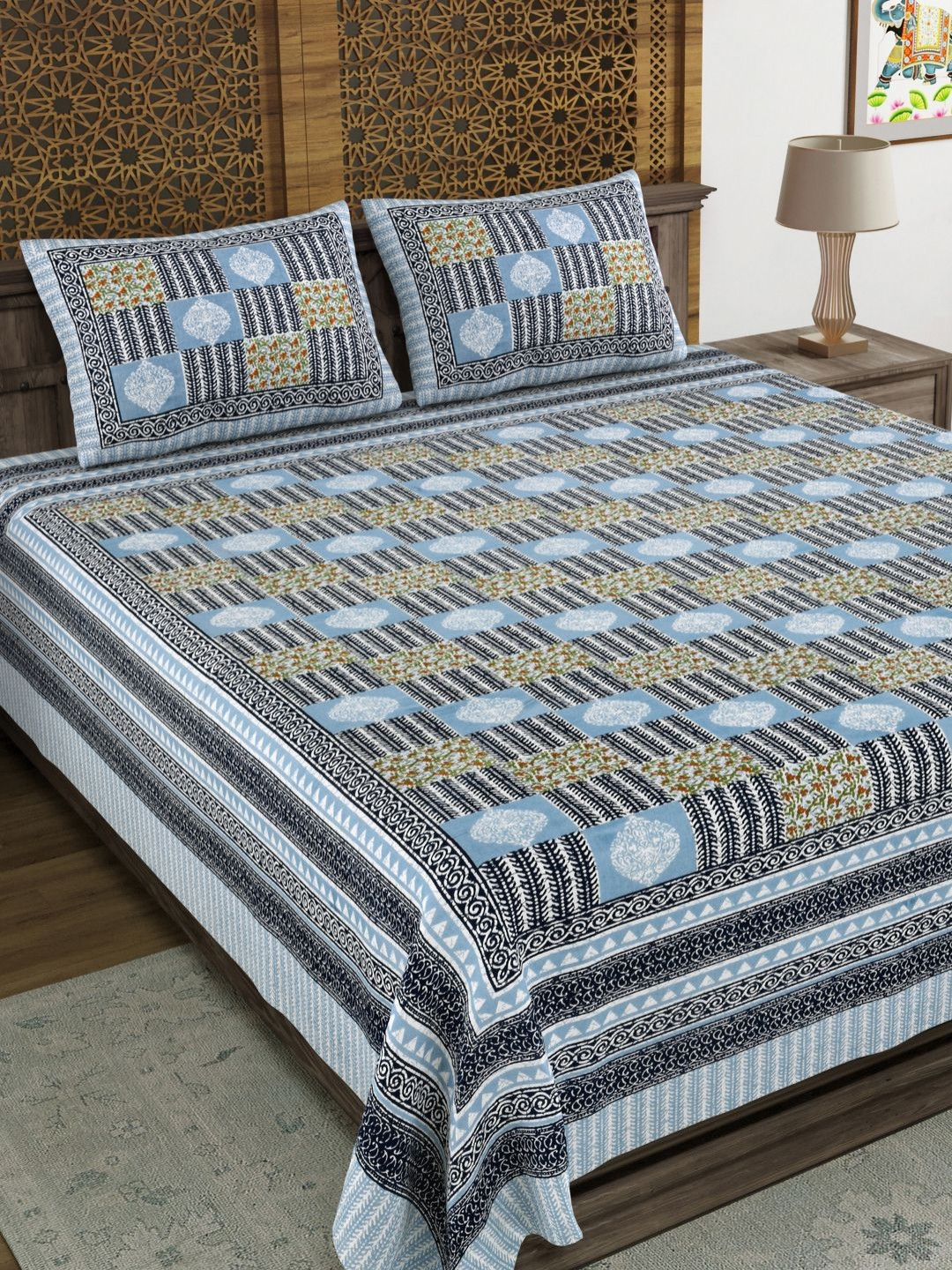 Myntra Elegant Homes Design 42 Blue Ethnic Motifs Cotton 144 TC King Bedsheet with 2 Pillow Covers-218 x 264 cm