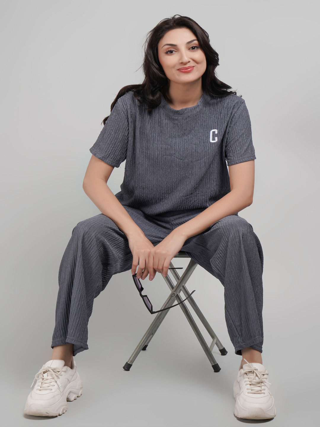 Lugo Self Design Round Neck Top And Palazzos