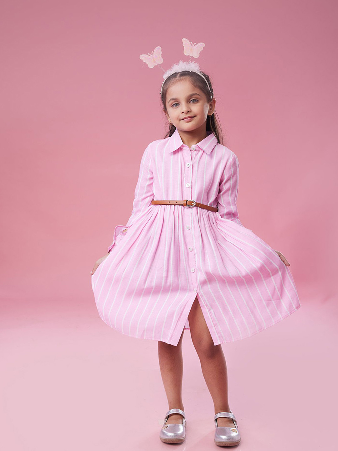 MASTARANG Girls Striped Full Sleeve Shirt Dress With Belt