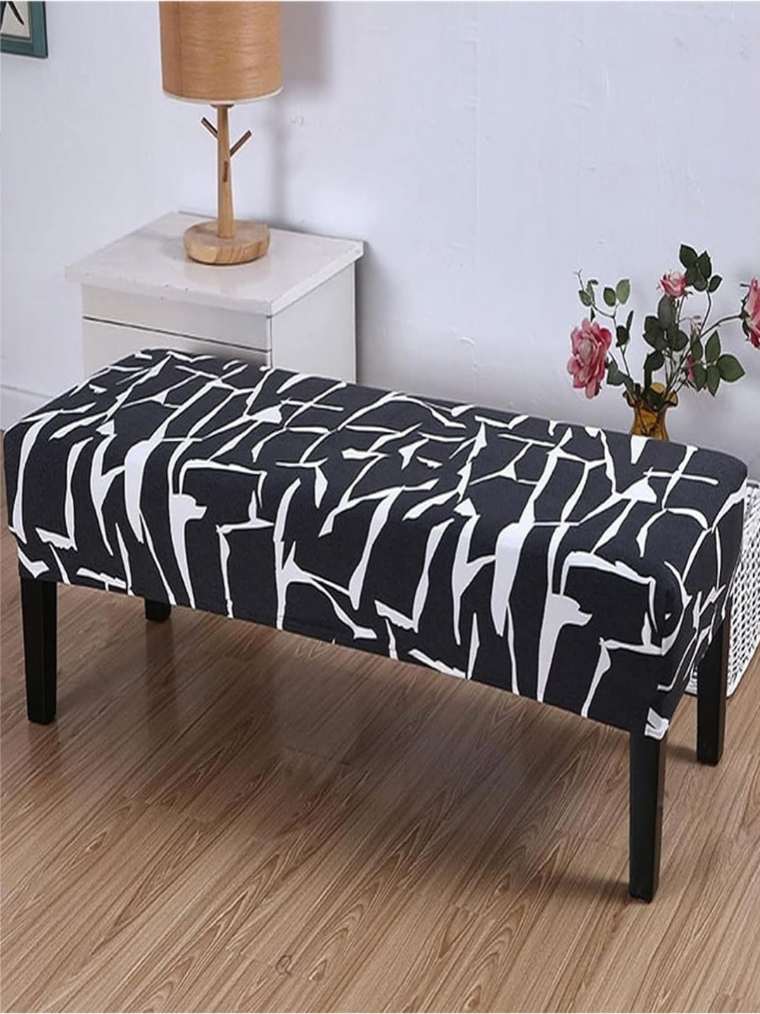 HOUSE OF QUIRK Black & White Stretchable Washable Elastic Slipcover Bench Cover