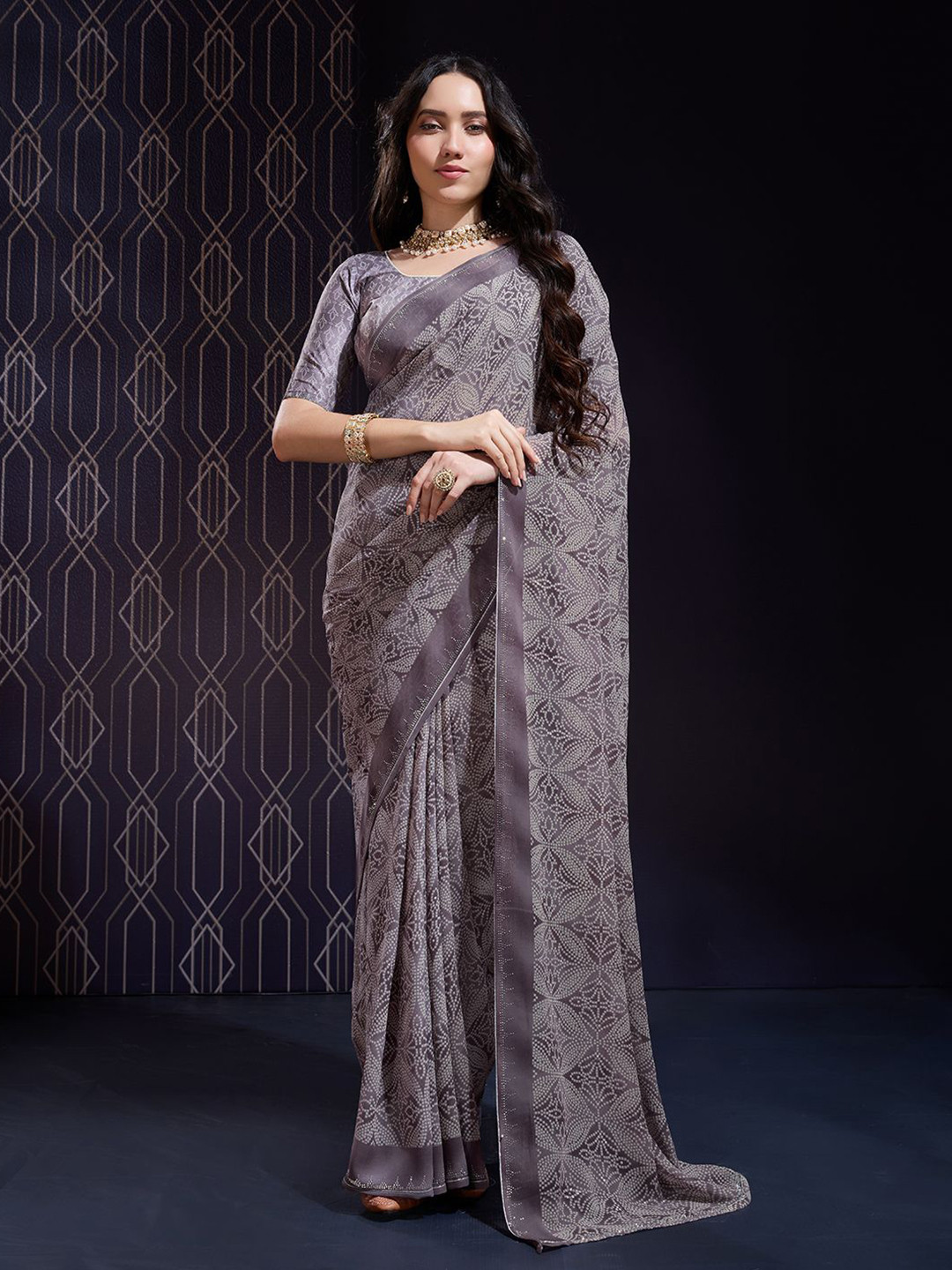 Mitera Printed Saree with Sworoski Work and Unstitched Printed Blouse