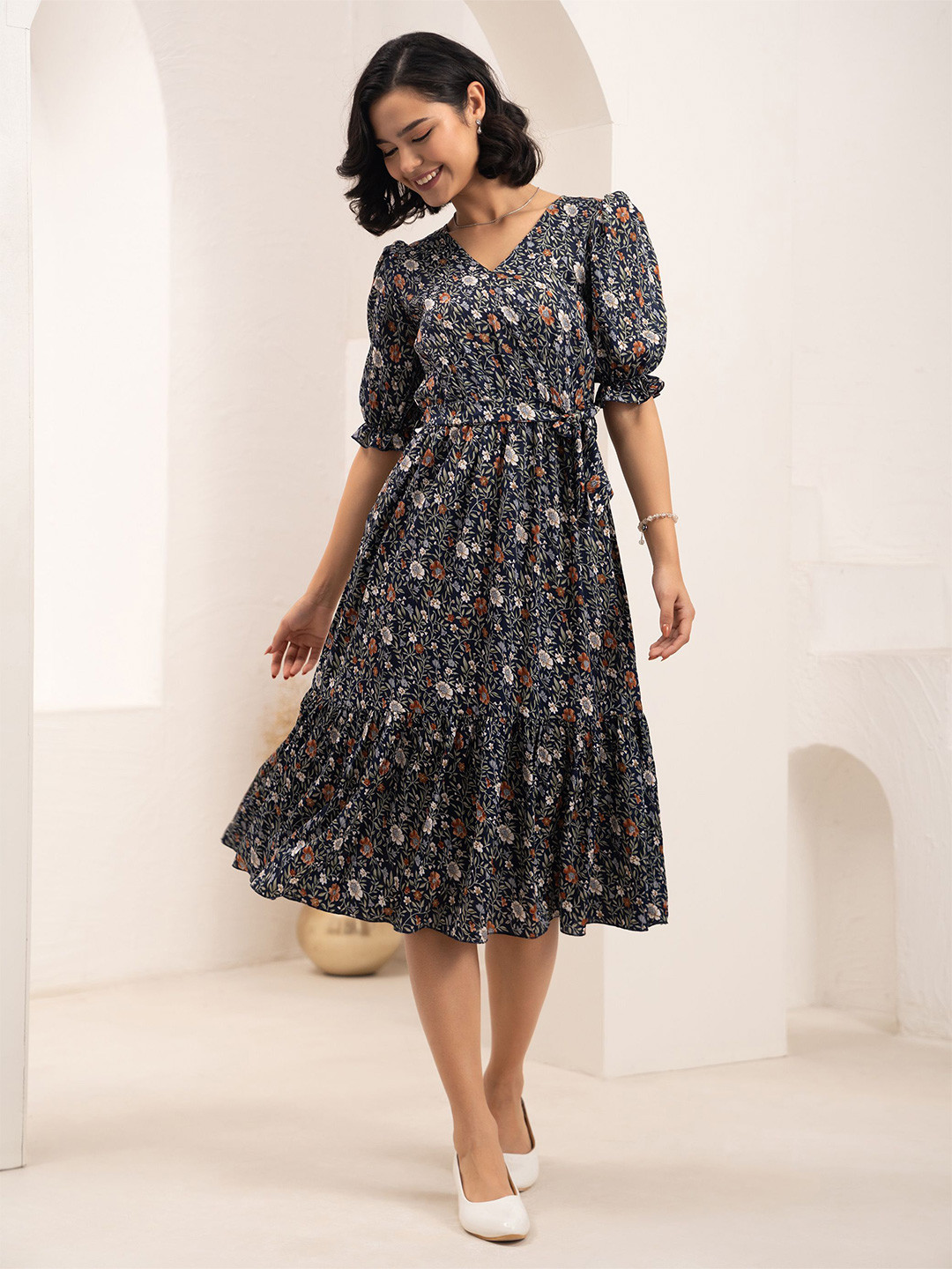 AASK Women's Navy Blue Floral Crush Crepe Tiered Midi Length Dress