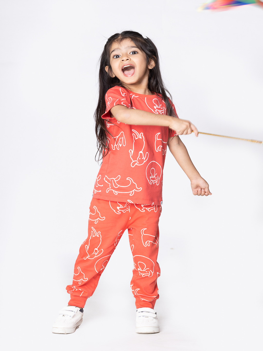 Reedoo Poodle Girls Quirky Printed Short Sleeves Pure Cotton T-shirt With Joggers