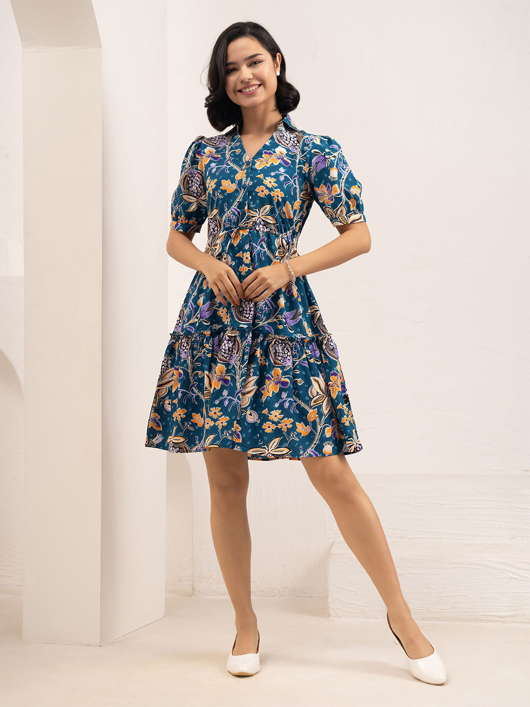 AASK Women's Sky Blue Printed Crush Crepe Fit and Flare Above Knee Dress