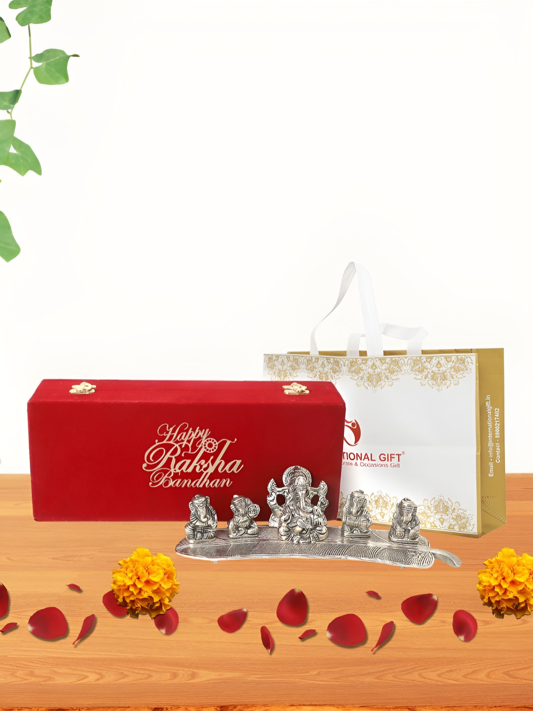 INTERNATIONAL GIFT Musical Ganesh with Box, Bag and 'Happy Raksha Bandhan' Tag Silver Metal Metallic Prayer Room Music Small Showpiece - 3 Inches