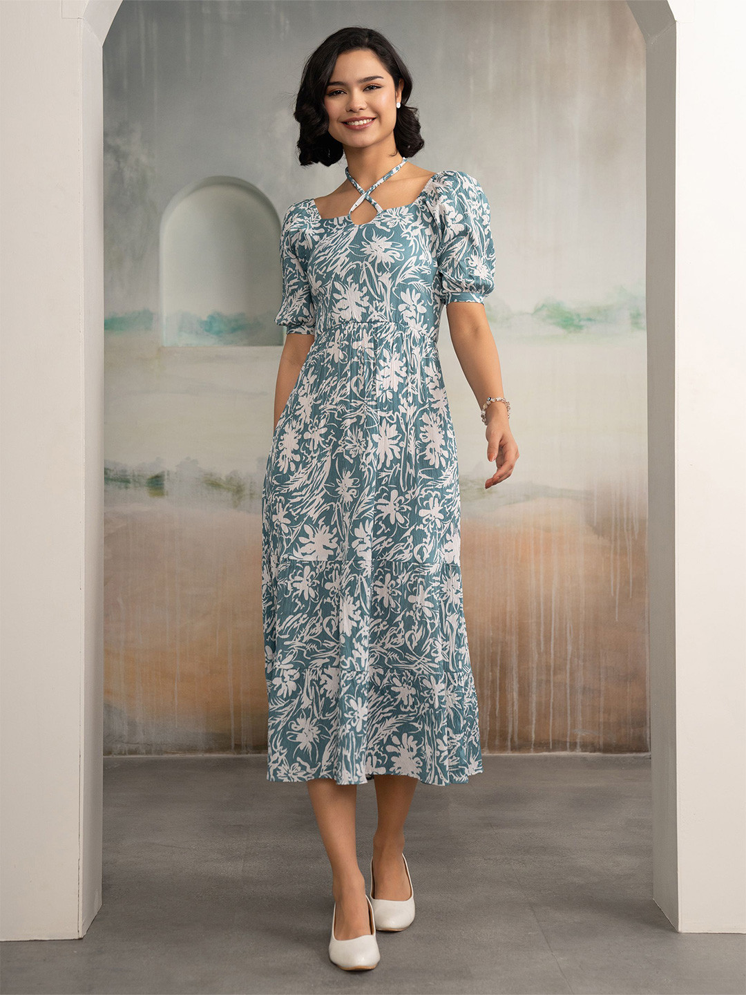 AASK Women's Sky Blue Printed Crush Crepe Tiered Midi Length Dress