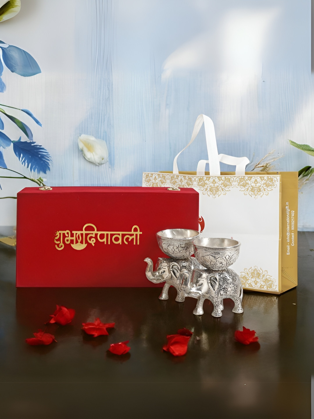 INTERNATIONAL GIFT Silver Toned Elephant Bowl Set with Velvet Box and Thank You Tag