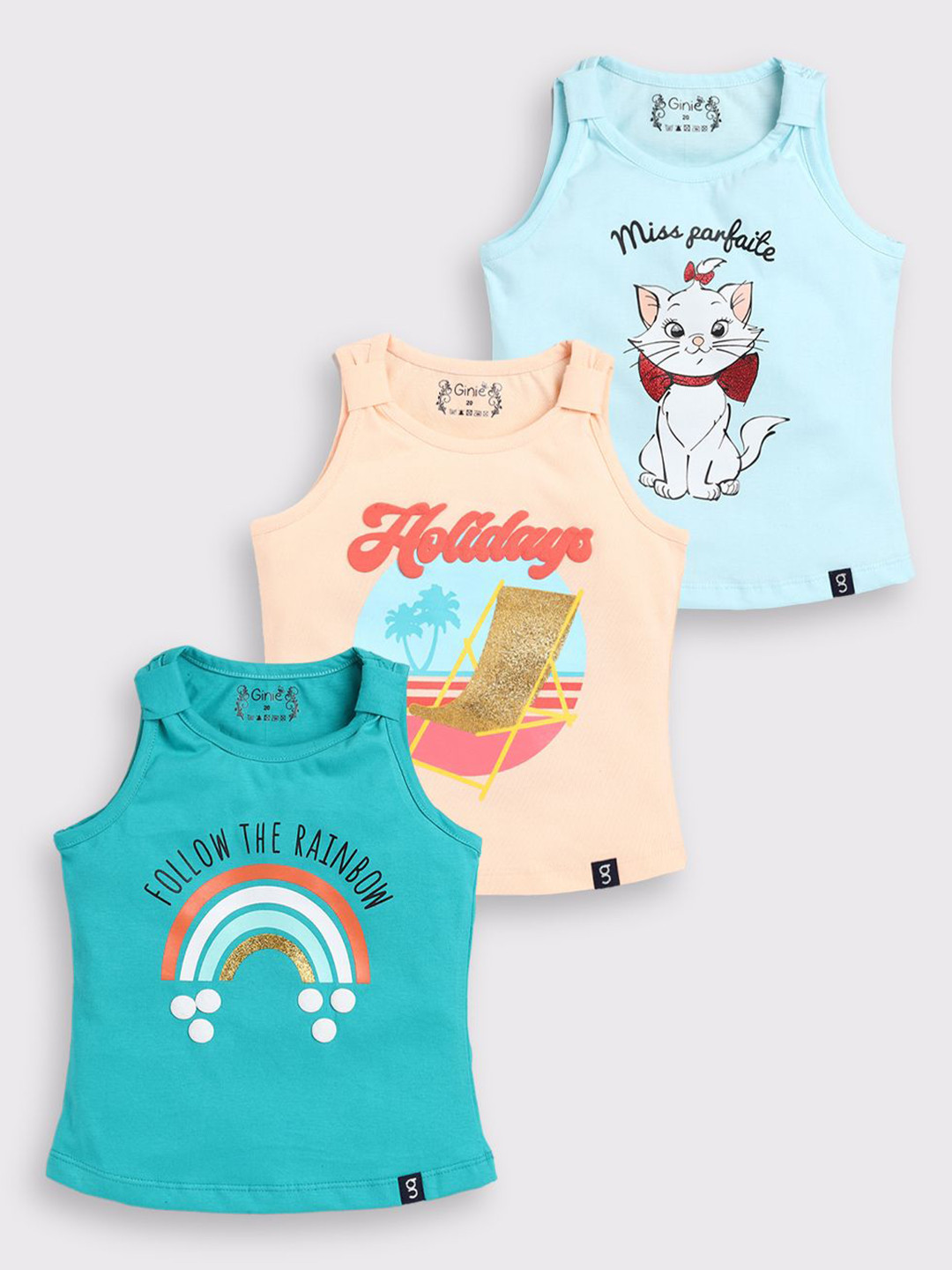 Ginie Girls Pack Of 3 Graphic Printed Cotton Vest Top