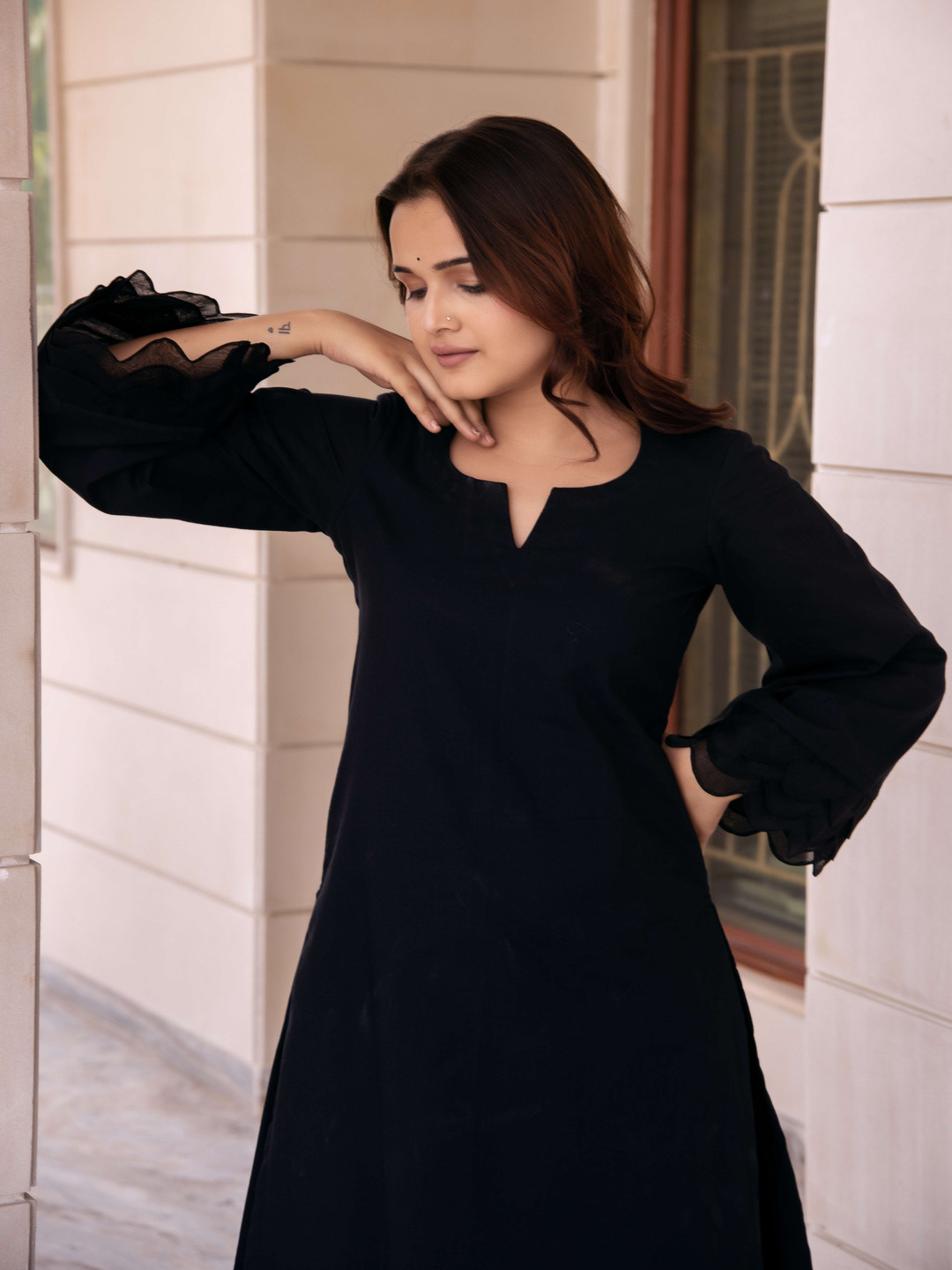 Pomcha KAPAAS Notch Neck Pure Cotton Flared Sleeves Tunic With Palazzos