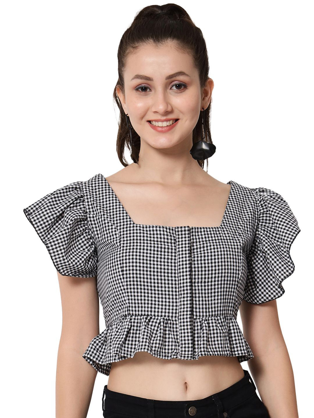 ANGOORI FASHION Women Checked Ruffles Cotton Tank Crop Top