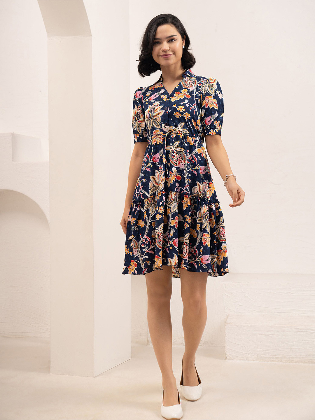 AASK Women Navy Blue Printed Crush Crepe Fit and Flare Above Knee Dress