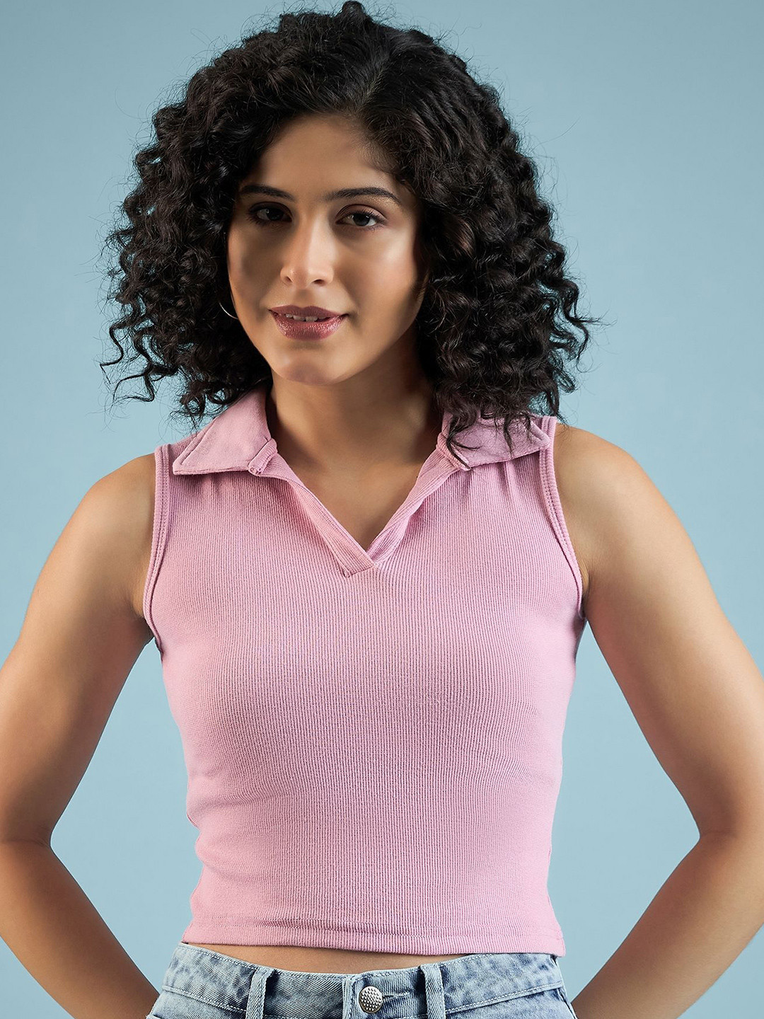 DressBerry Women Ribbed Shirt Collar Cotton Fitted Crop Top