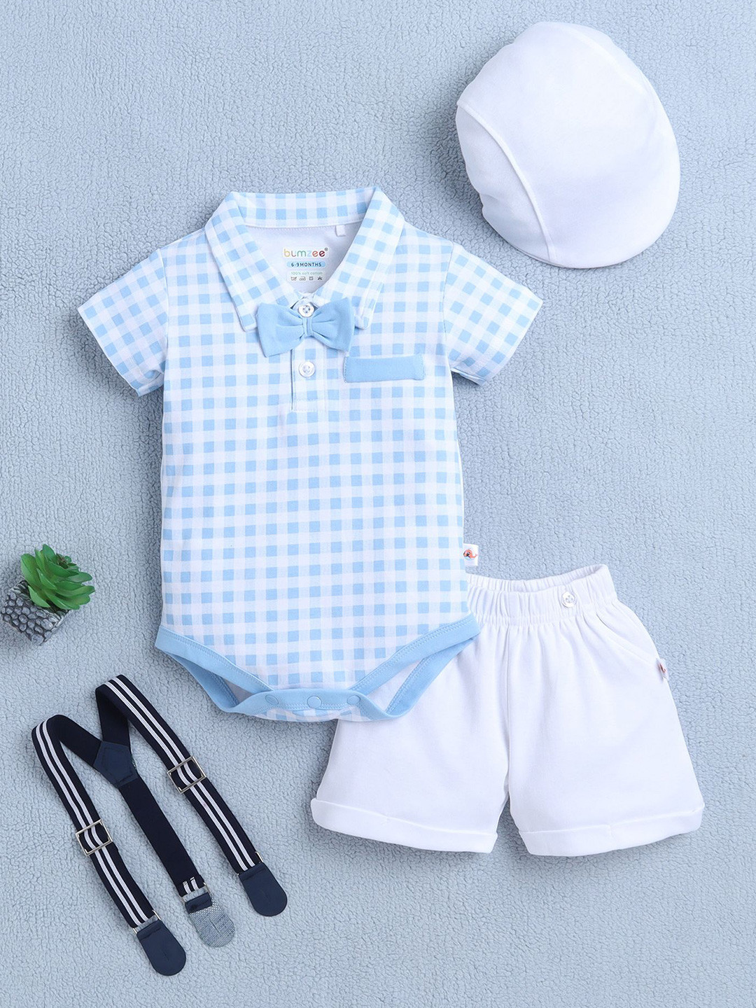 BUMZEE Boys Checked Pure Cotton Leotard With Shorts