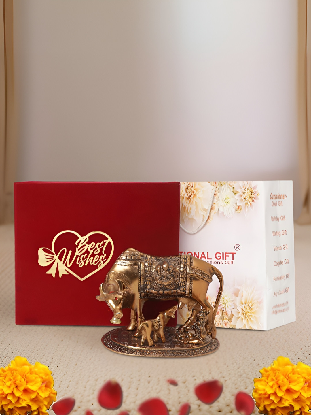 INTERNATIONAL GIFT Kamdhenu Cow Bronze Metal Metallic Prayer Room Medium Showpiece - 6.3 Inches