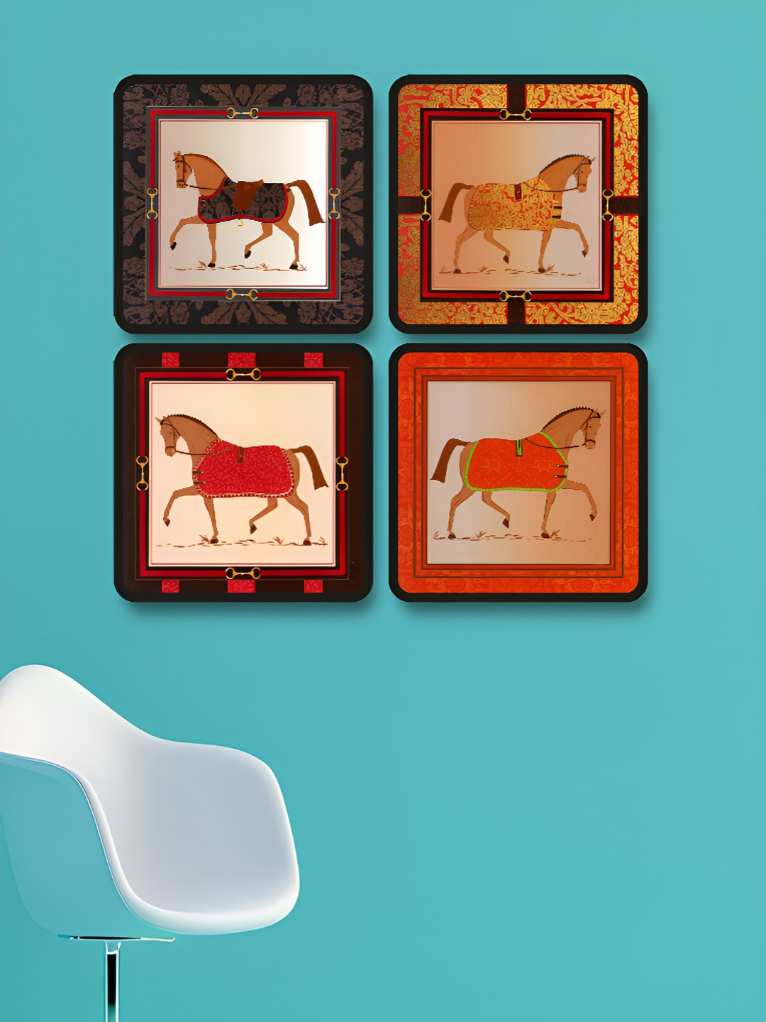 Myntra Elegant Homes 4 Horses Wood 4 Piece Wall Square Paintings Wall Art - 10 x 10In