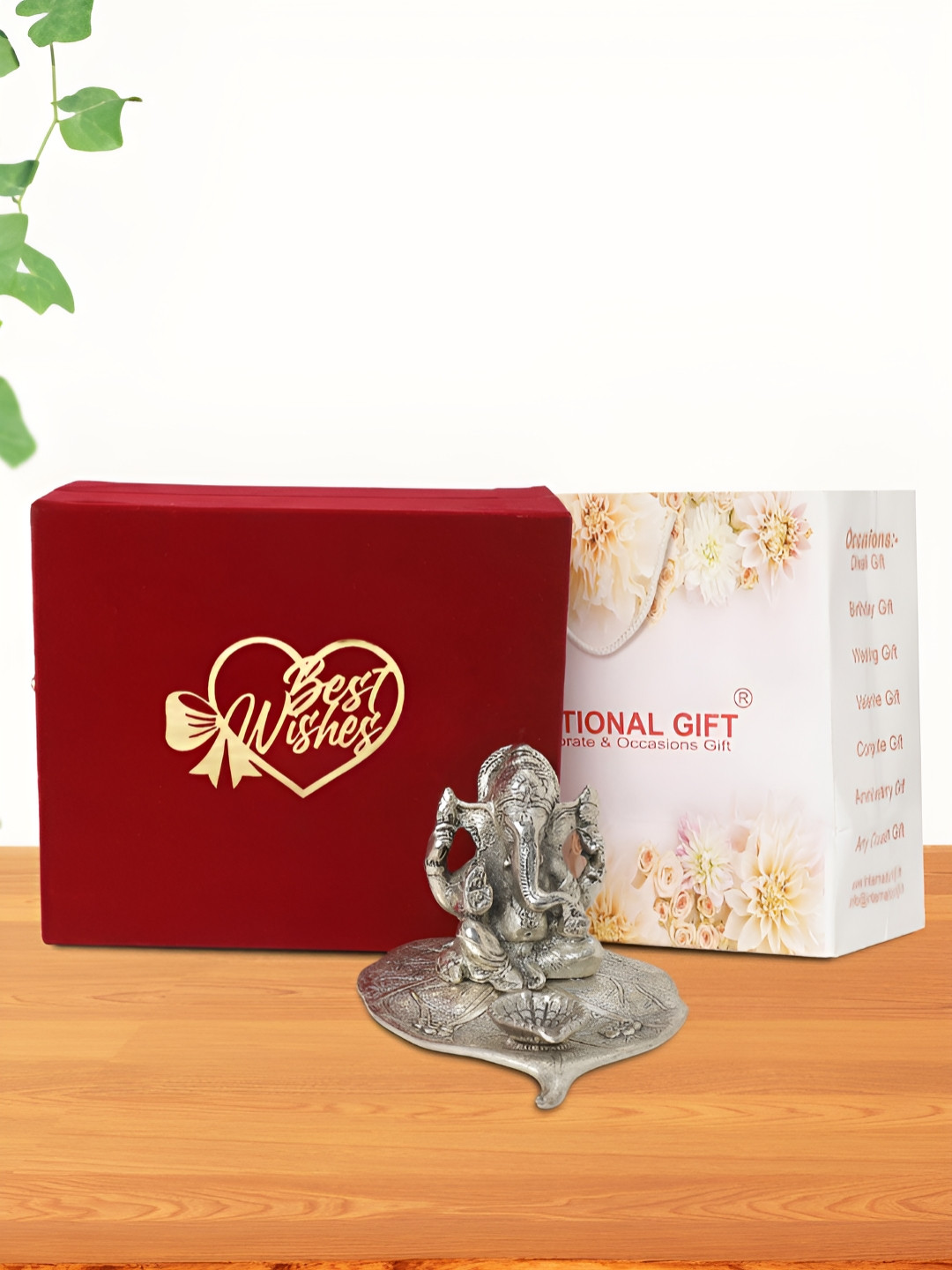 INTERNATIONAL GIFT Patta Ganesh Silver Metal Metallic Prayer Room Medium Showpiece - 1.6 Inches
